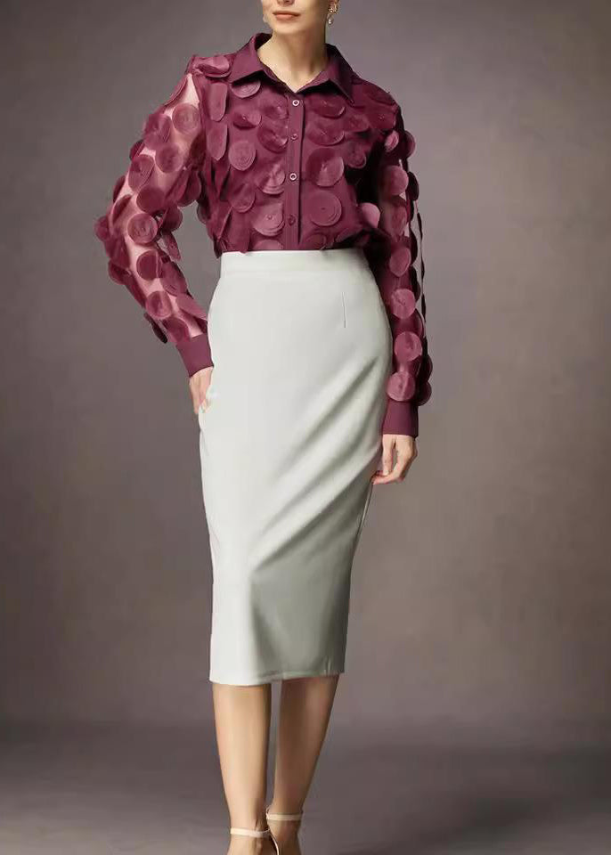 Women Claret Mesh Patchwork Stereoscopic Floral Blouse Tops Long Sleeve
