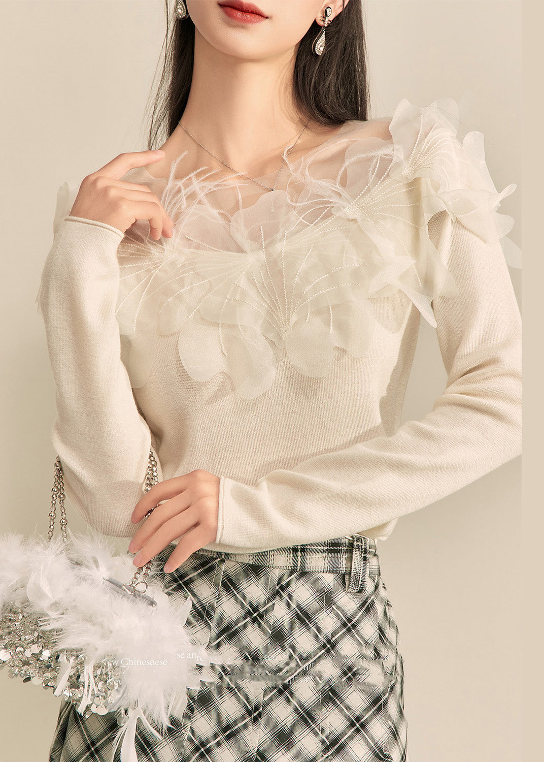 Women Classy White Floral Patchwork Knit Top Spring