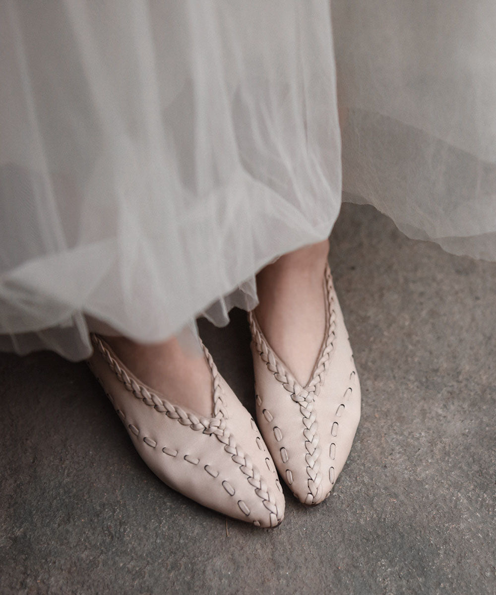 Women Coffee Cowhide Leather Splicing Flat Feet Shoes Pointed Toe