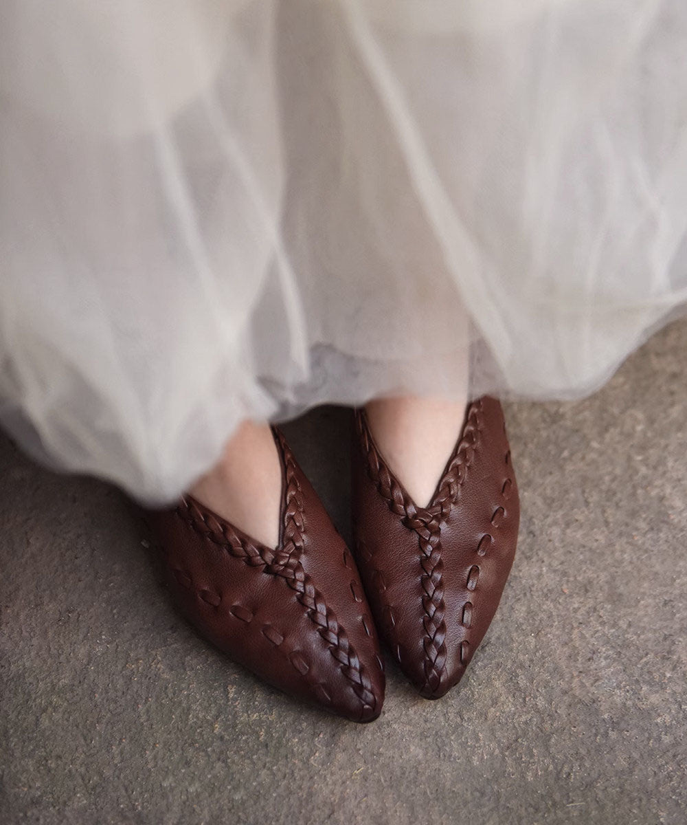 Women Coffee Cowhide Leather Splicing Flat Feet Shoes Pointed Toe
