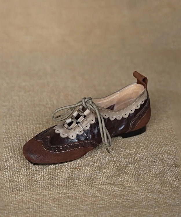 Women Coffee Cowhide Leather Splicing Suede Flat Shoes Lace Up