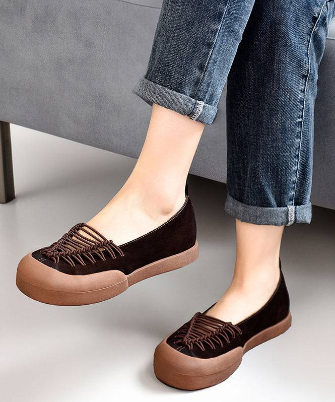 Women Coffee Cross Strap Splicing Platform Flat Cowhide Leather Feet Shoes