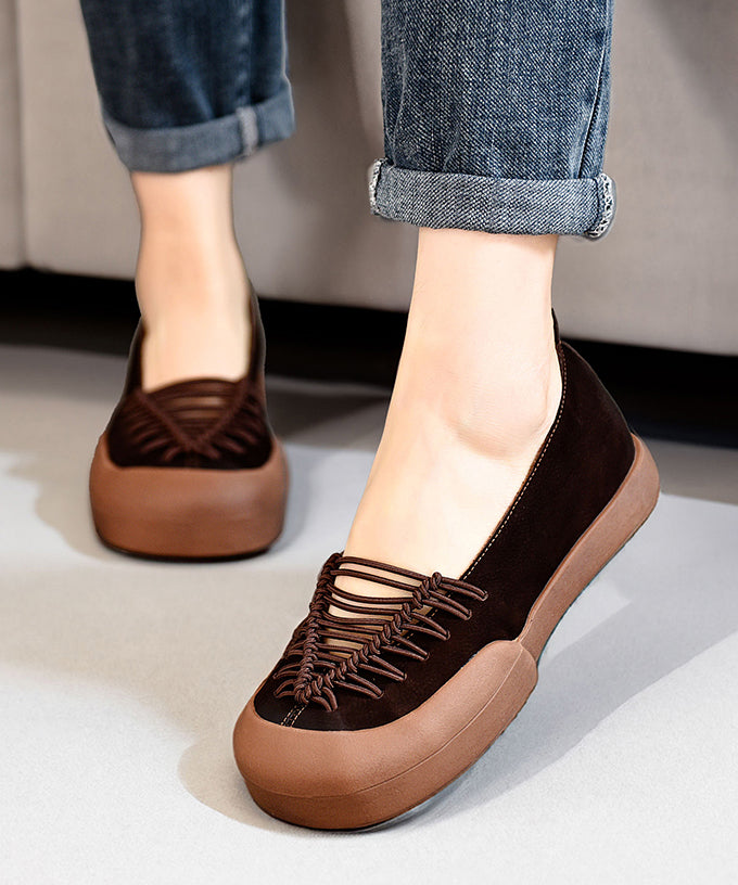 Women Coffee Cross Strap Splicing Platform Flat Cowhide Leather Feet Shoes
