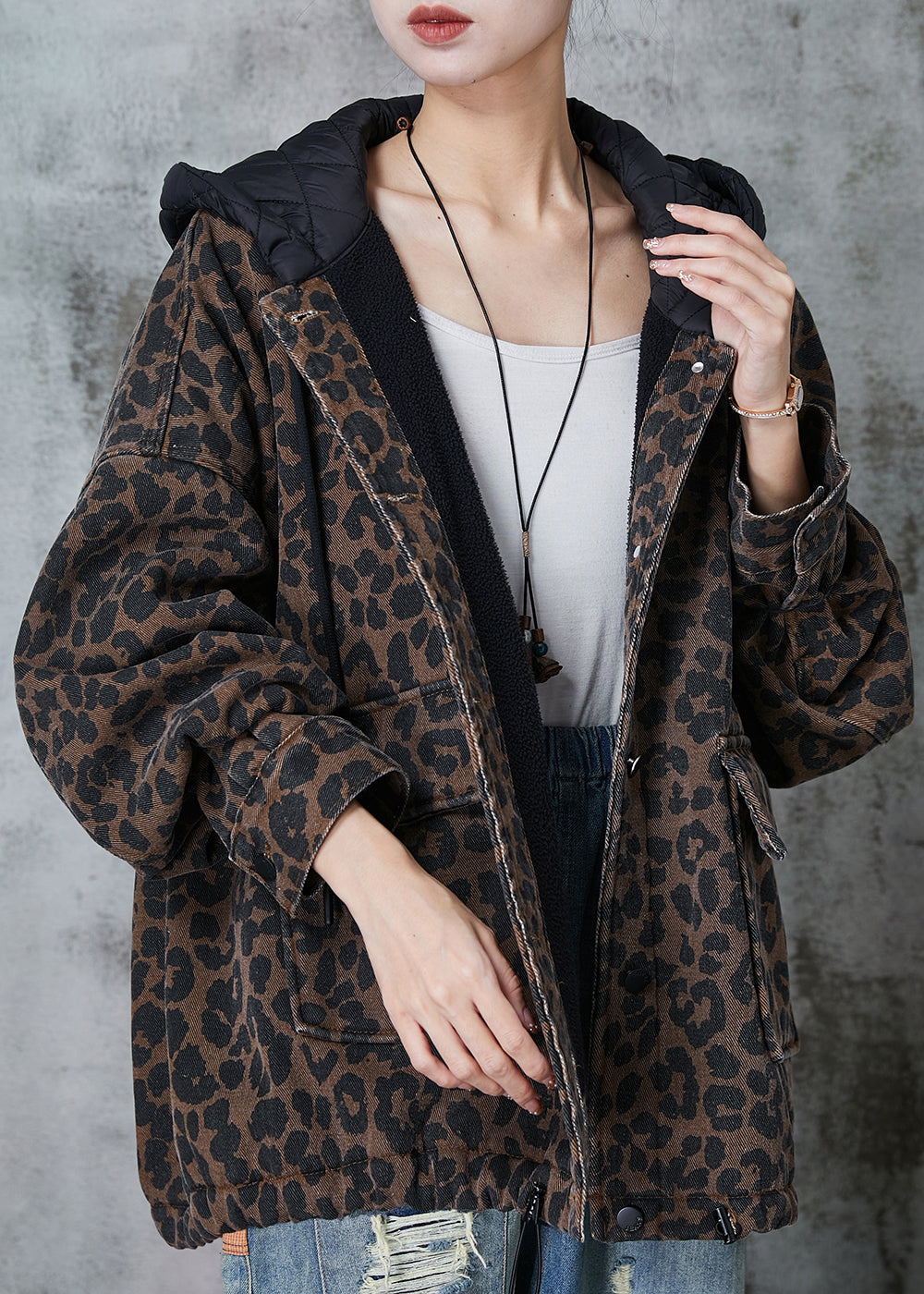 Women Coffee Hooded Leopard Print Warm Fleece Coat Spring