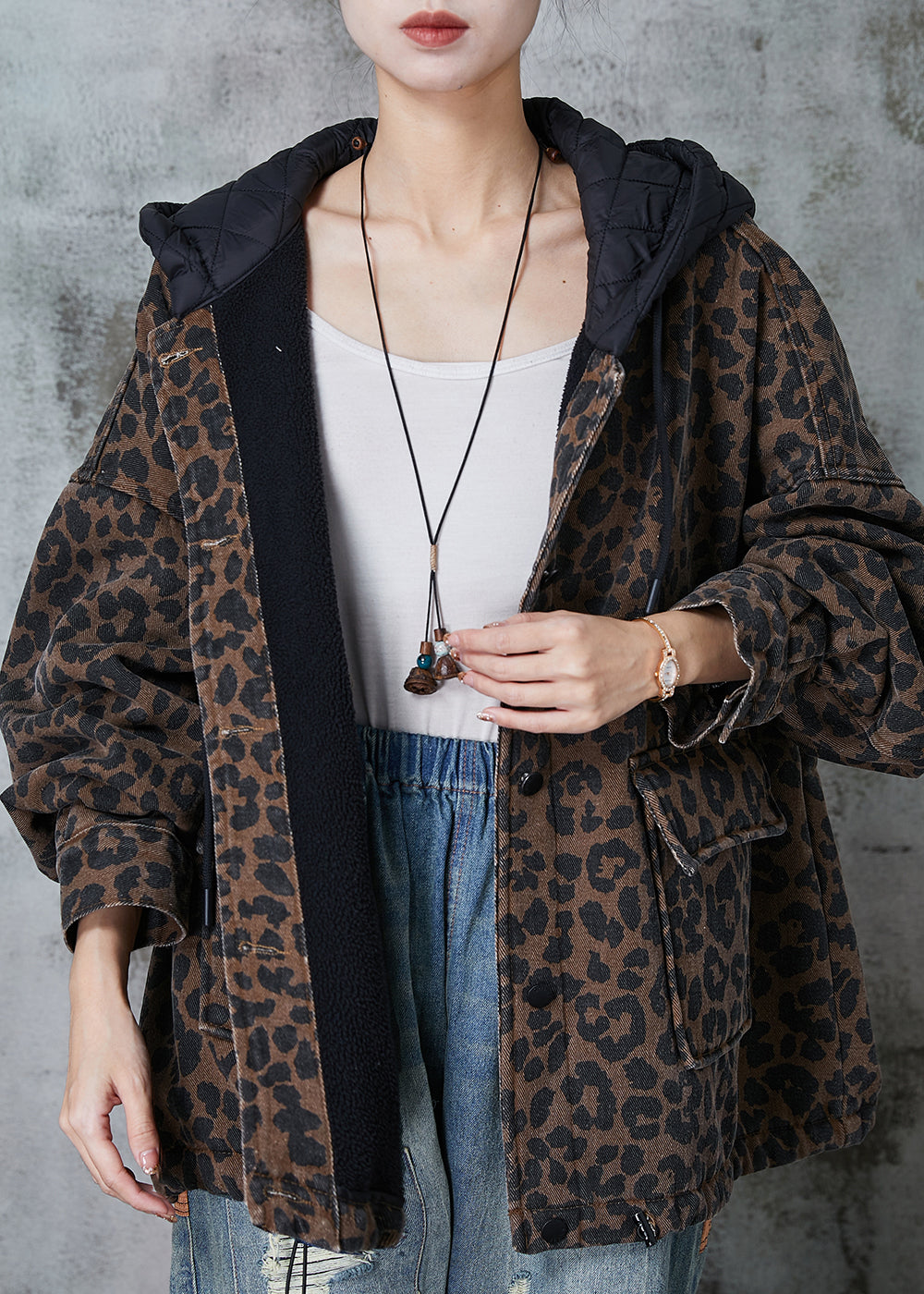 Women Coffee Hooded Leopard Print Warm Fleece Coat Spring