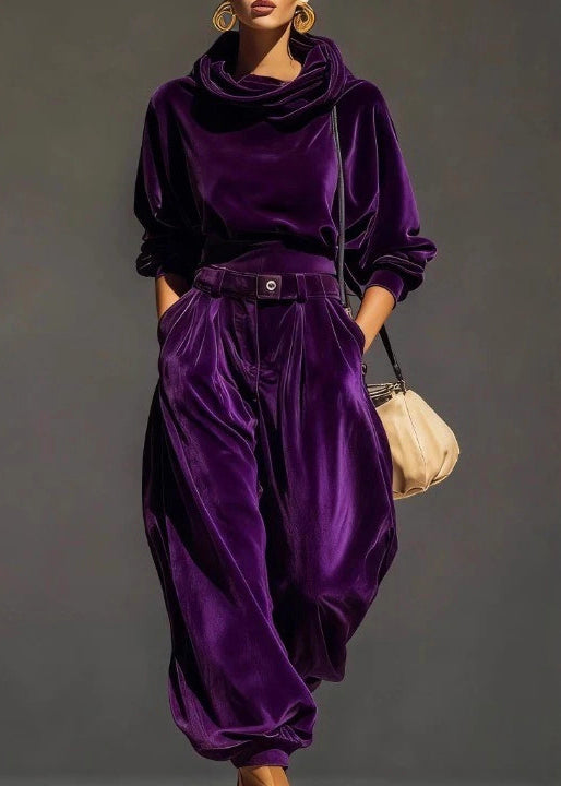 Women Coffee Hooded Pockets Sweatshirt And Pants Silk Velvet Two Pieces Set Spring