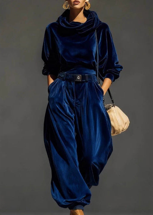 Women Coffee Hooded Pockets Sweatshirt And Pants Silk Velvet Two Pieces Set Spring