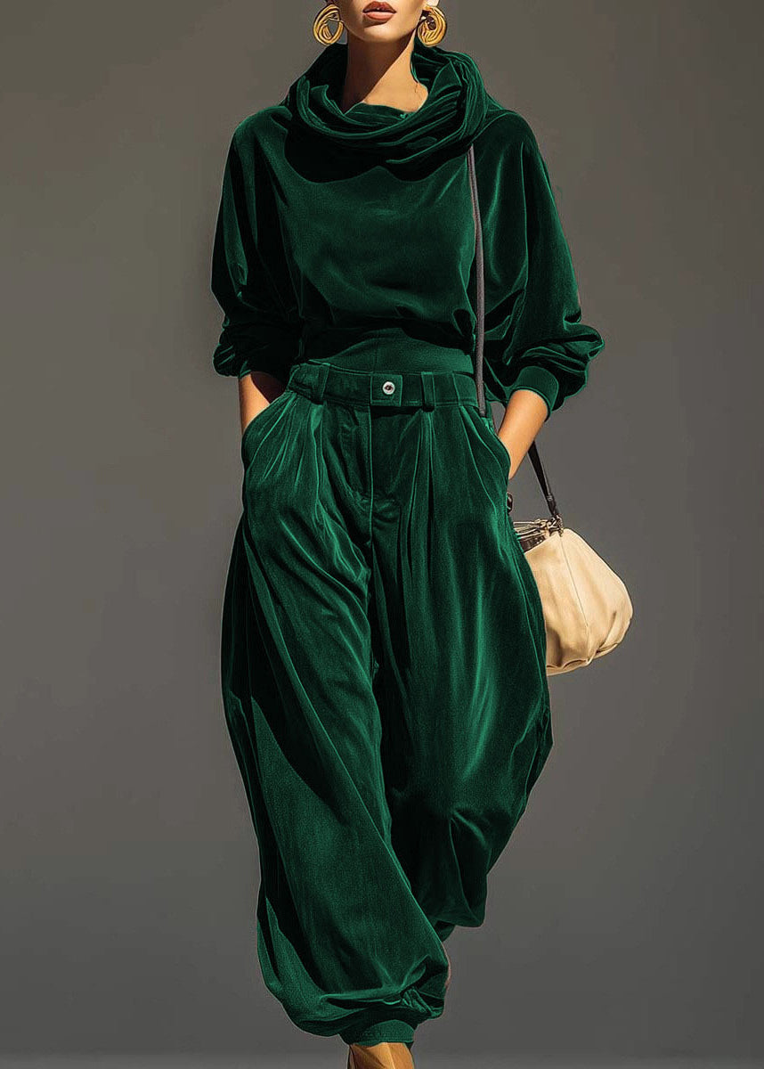 Women Coffee Hooded Pockets Sweatshirt And Pants Silk Velvet Two Pieces Set Spring