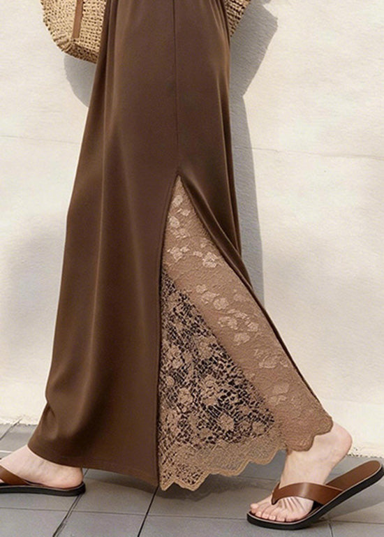 Women Coffee Lace Patchwork Elastic Waist Cotton Skirts Winter