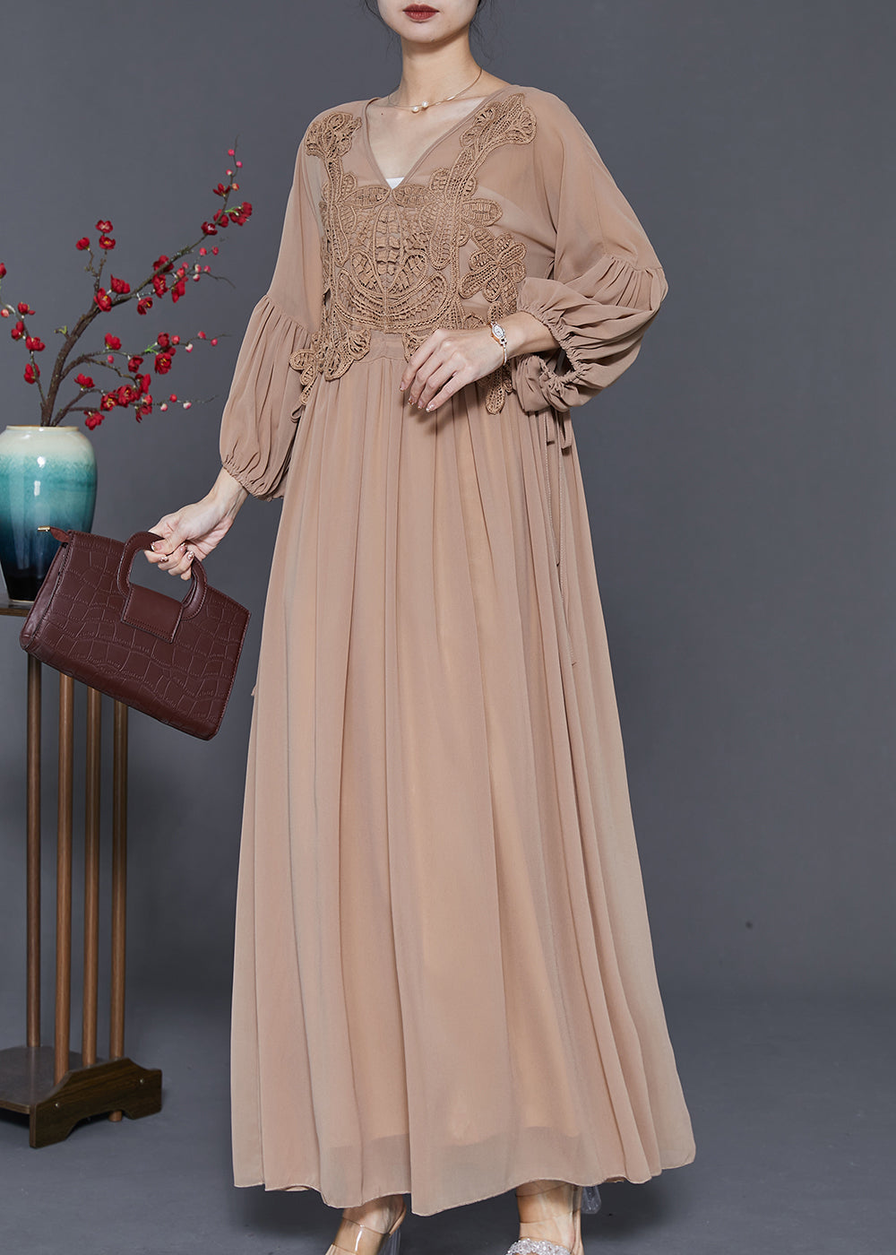 Women Coffee Lace Patchwork Tie Waist Chiffon Dresses Spring