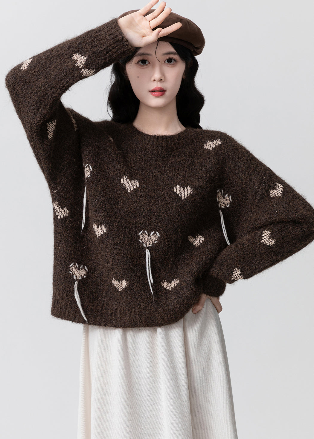 Women Coffee O Neck Jacquard Thick Knit Sweaters Winter