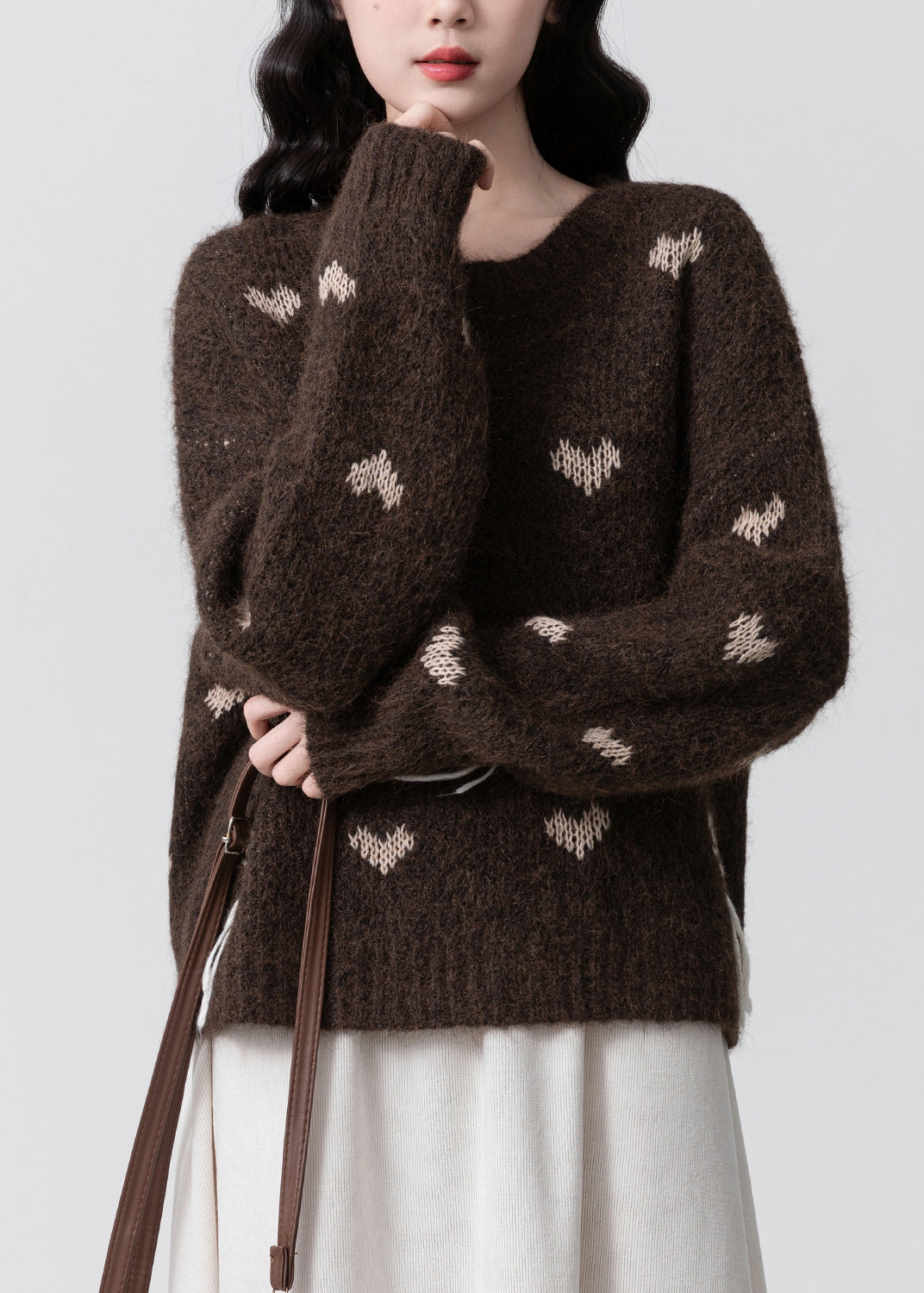 Women Coffee O Neck Jacquard Thick Knit Sweaters Winter