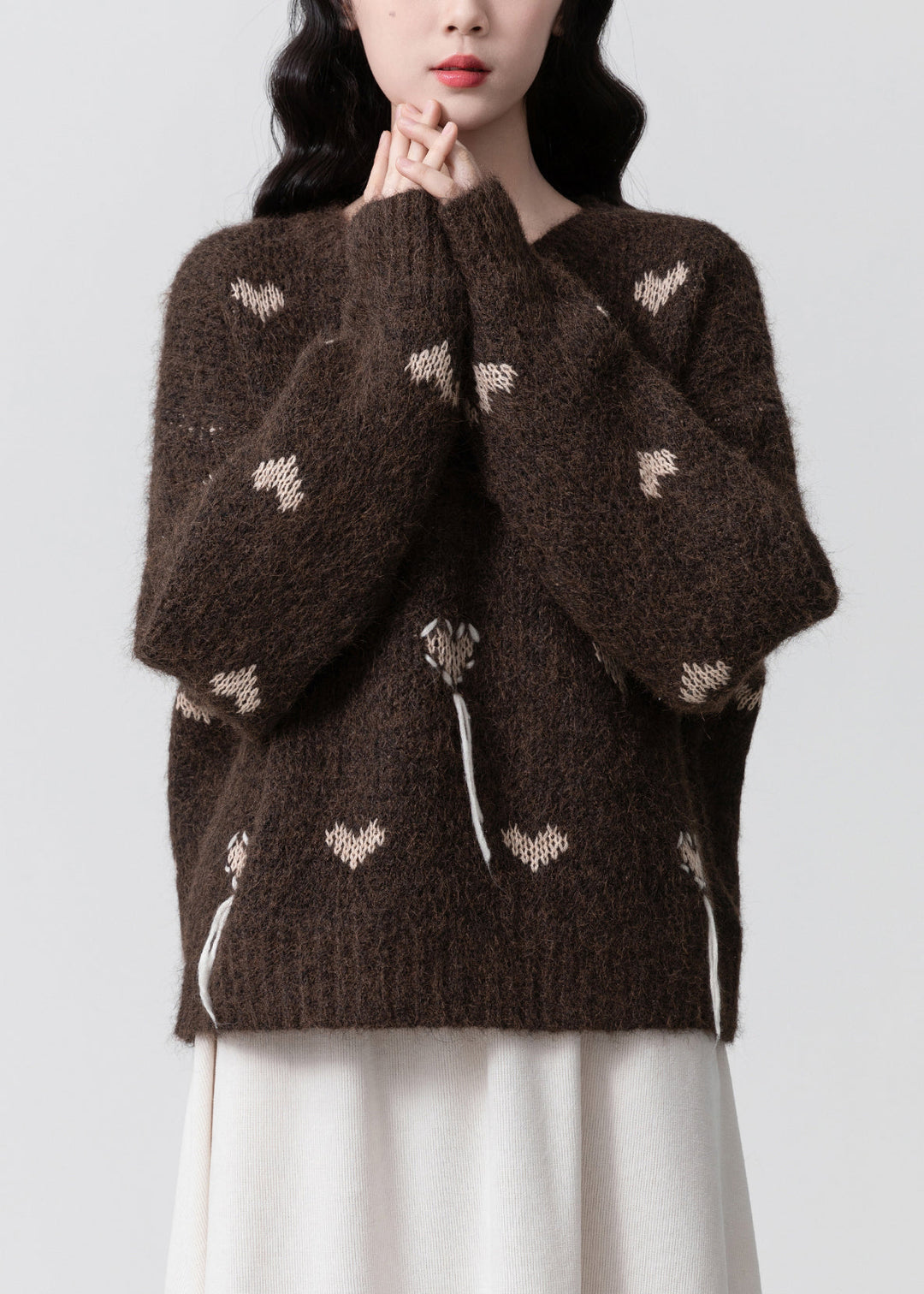 Women Coffee O Neck Jacquard Thick Knit Sweaters Winter