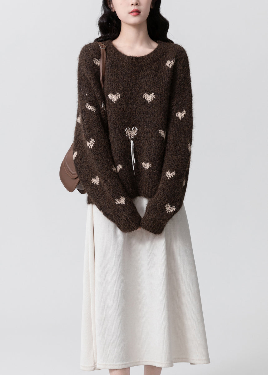 Women Coffee O Neck Jacquard Thick Knit Sweaters Winter