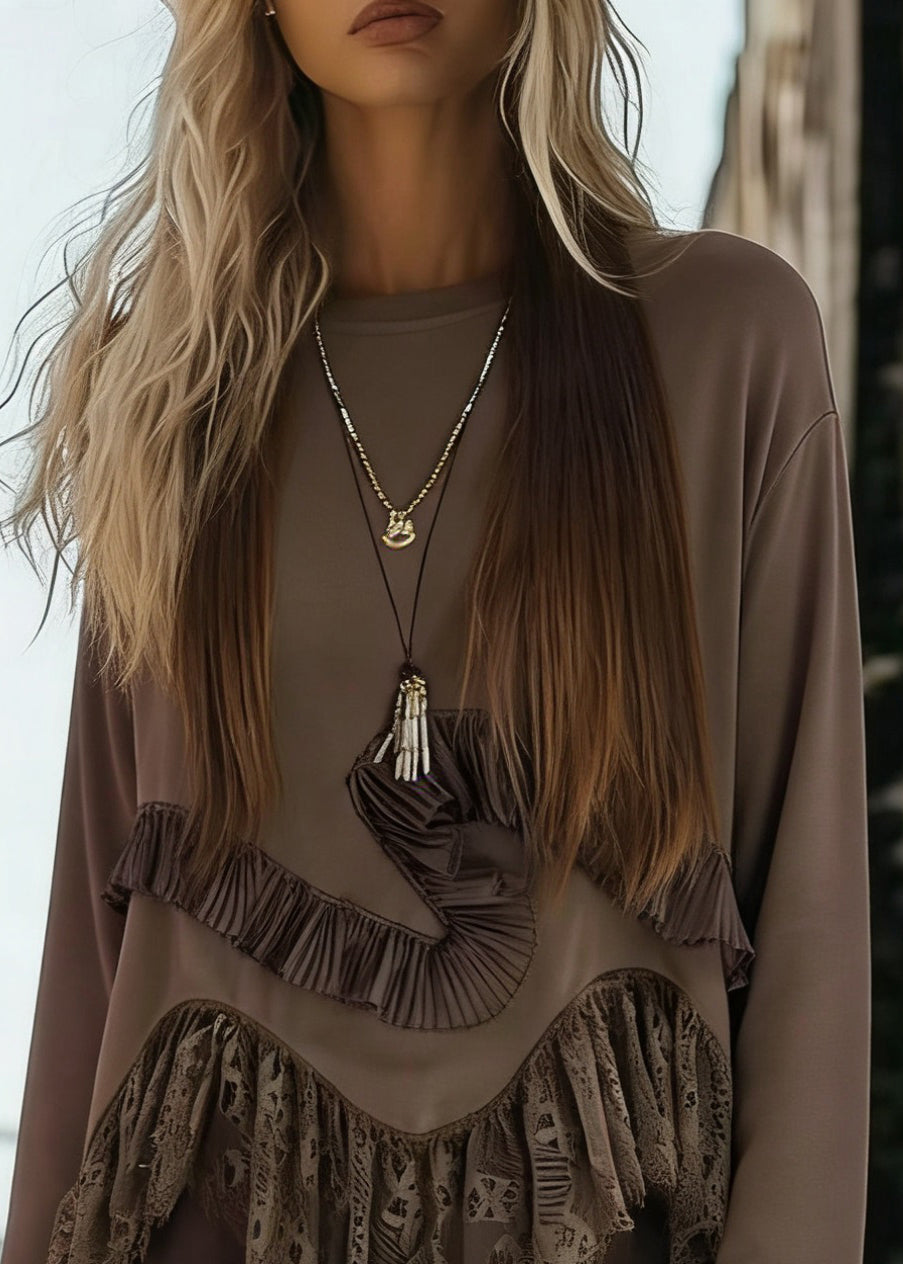 Women Coffee O-Neck Lace Patchwork Tops Flare Sleeve - Omychic