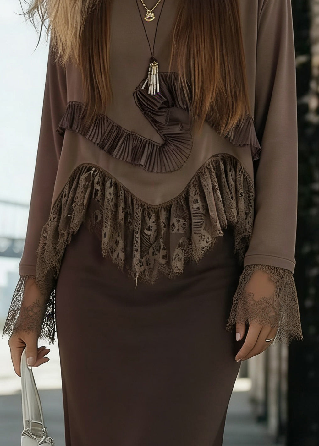 Women Coffee O-Neck Lace Patchwork Tops Flare Sleeve - Omychic