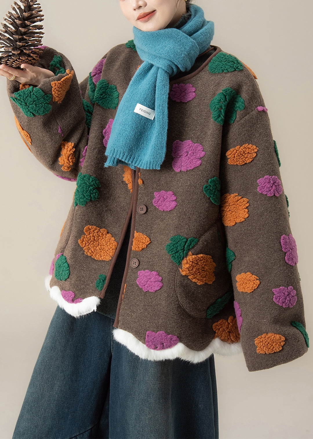 Women Coffee O Neck Pockets Floral Woolen Coats Winter