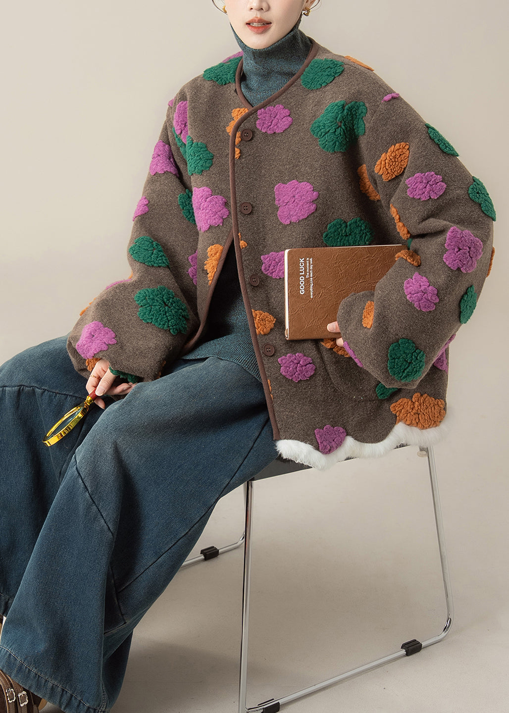 Women Coffee O Neck Pockets Floral Woolen Coats Winter