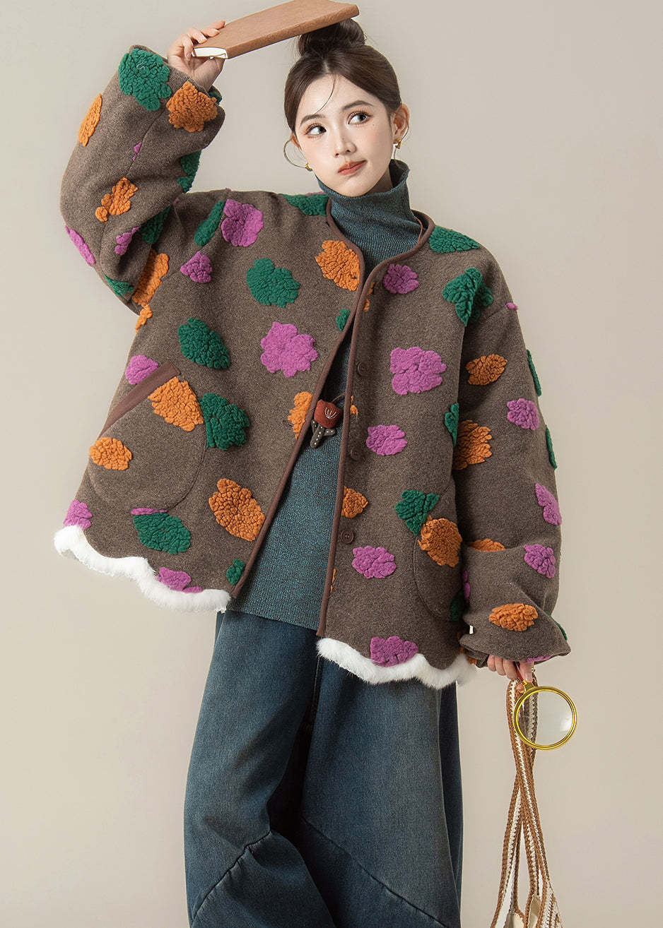 Women Coffee O Neck Pockets Floral Woolen Coats Winter