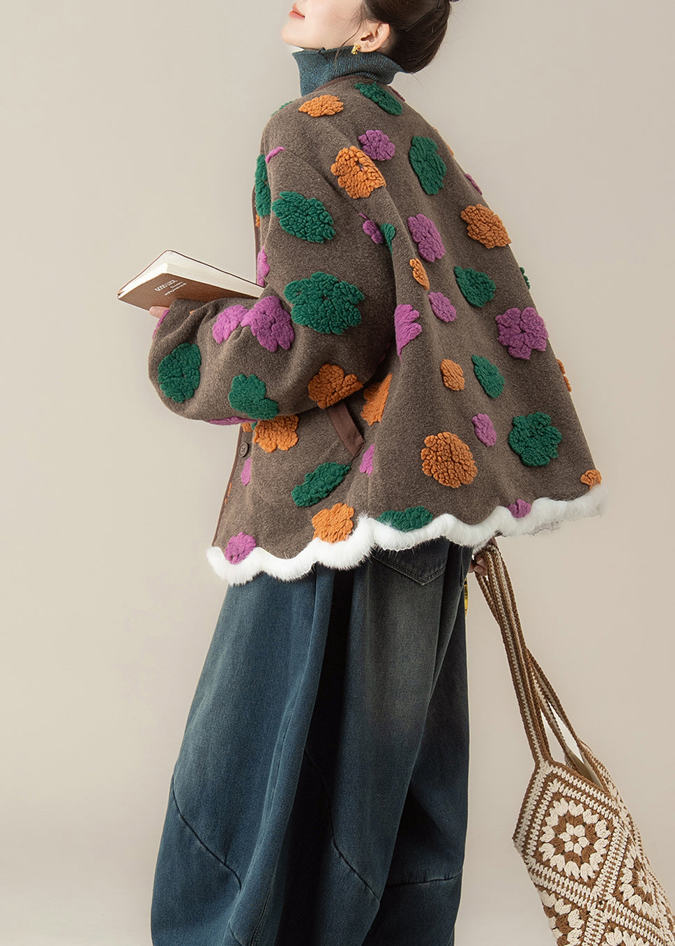 Women Coffee O Neck Pockets Floral Woolen Coats Winter