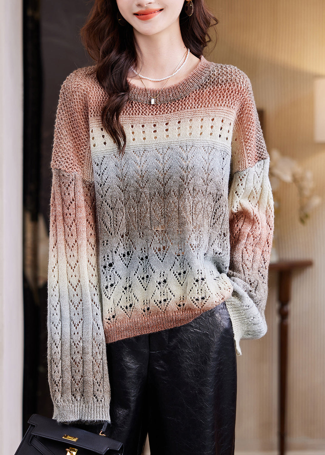 Women Coffee O-Neck Print Cotton Knit Sweater Fall