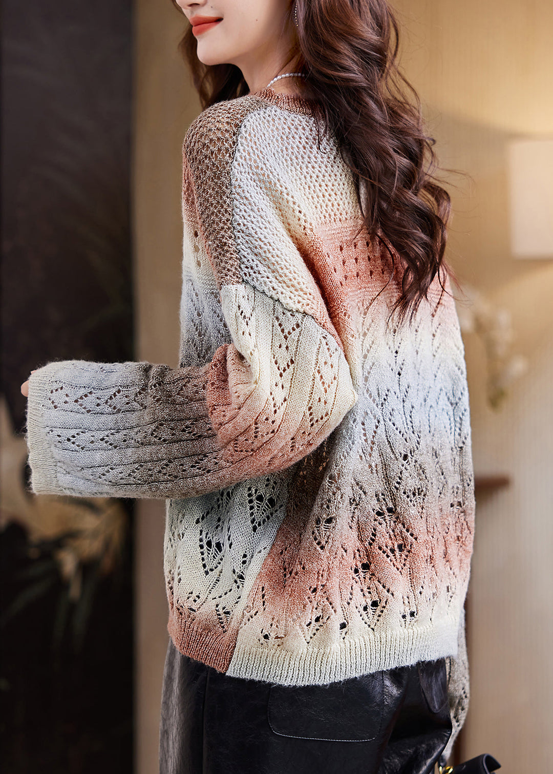 Women Coffee O-Neck Print Cotton Knit Sweater Fall