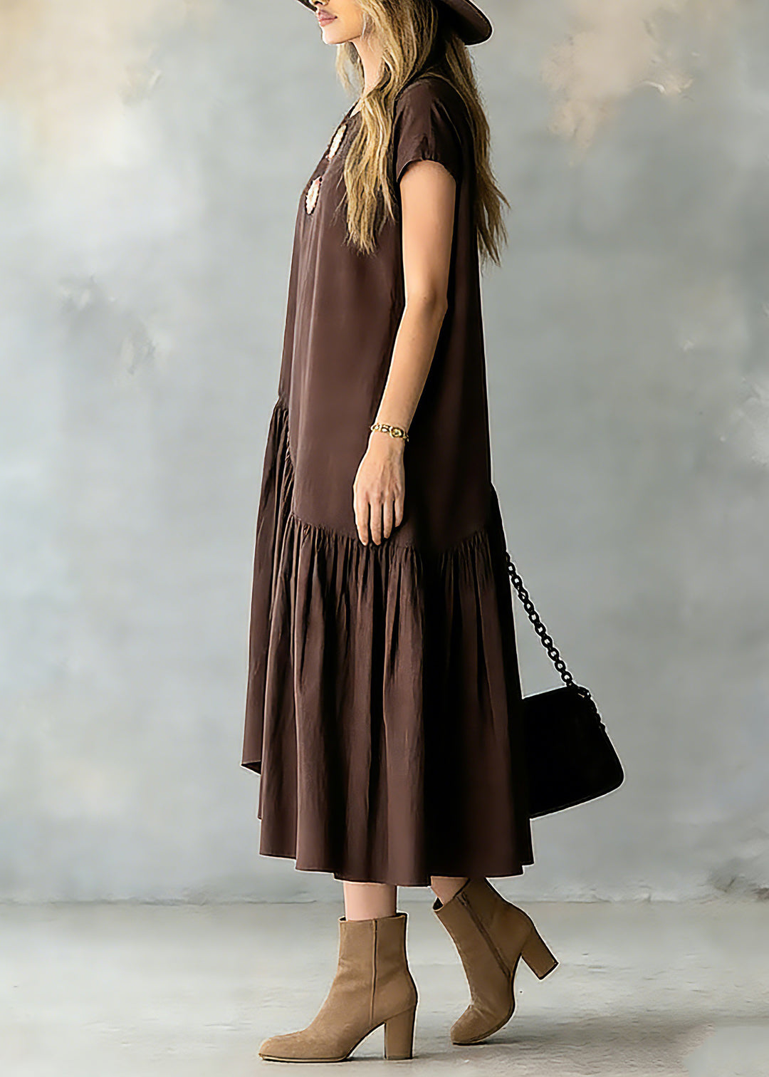 Women Coffee O-Neck Wrinkled Patchwork Long Dresses Short Sleeve