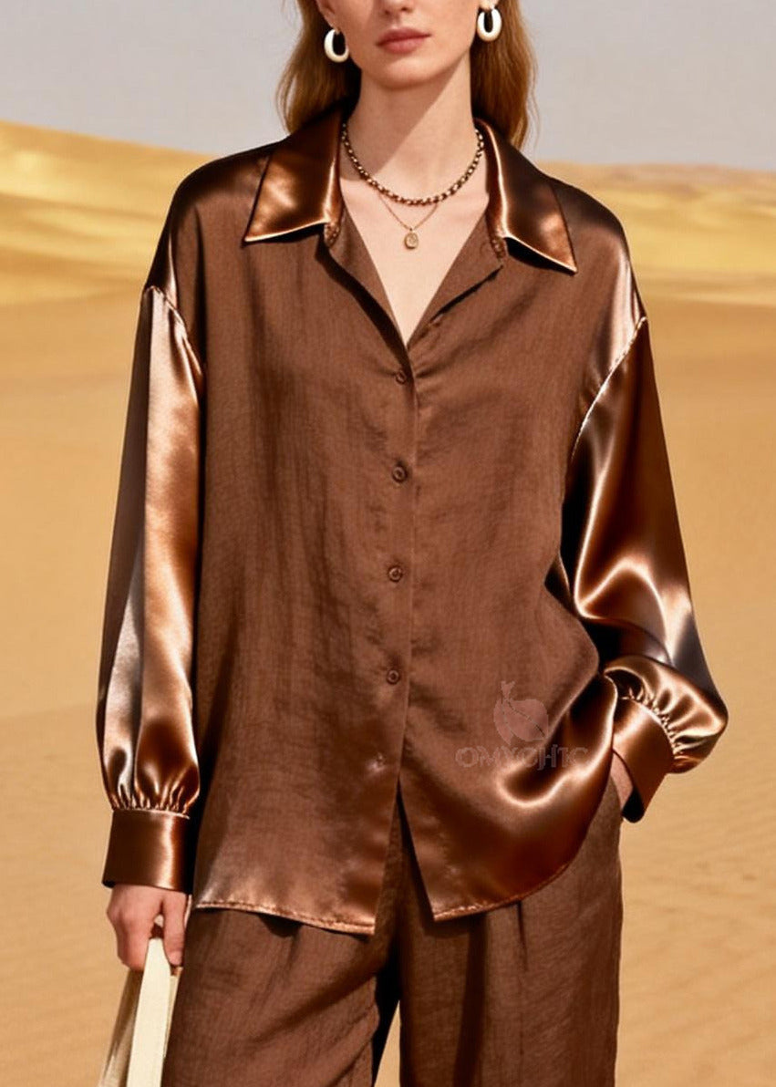 Women Coffee Peter Pan Collar Patchwork Linen Silk Two Piece Set Women Clothing Spring