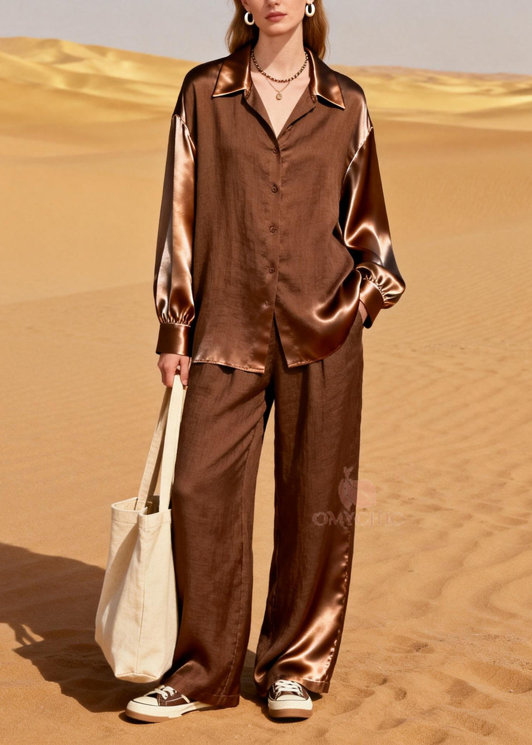 Women Coffee Peter Pan Collar Patchwork Linen Silk Two Piece Set Women Clothing Spring