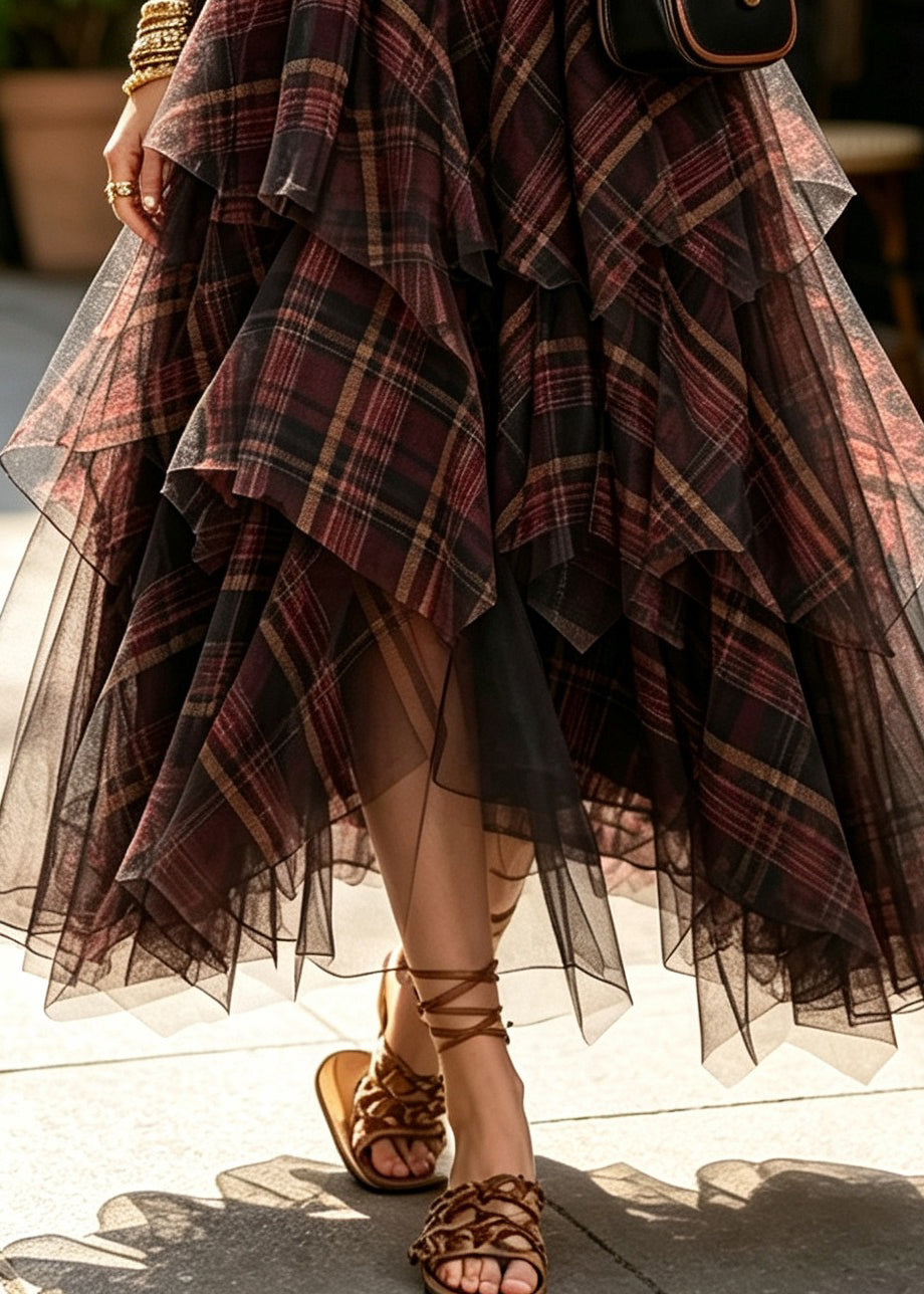 Women Coffee Plaid Elastic Waist Tulle A Line Skirts Summer