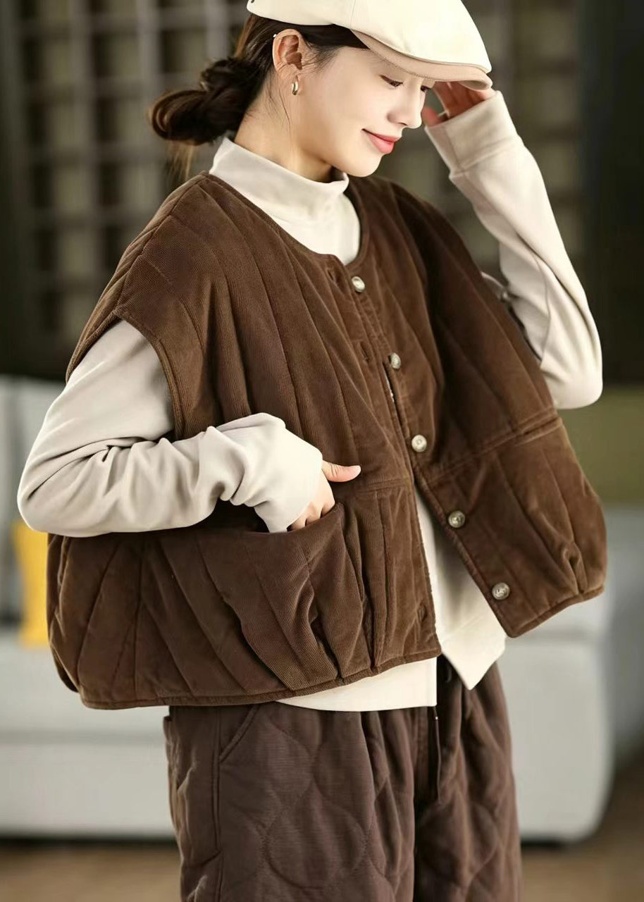Women Coffee Pockets Corduroy Cotton Filled Waistcoat Winter