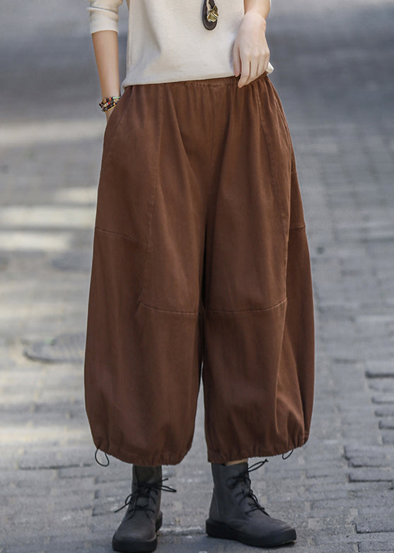 Women Coffee Pockets Elastic Waistk Cotton Crop Pants Summer