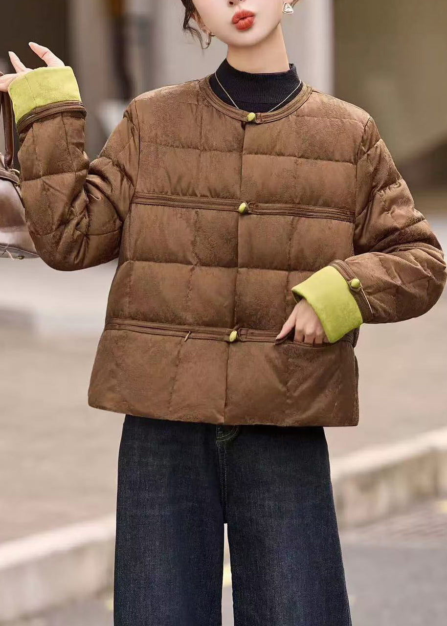 Women Coffee Pockets Patchwork Duck Down Down Short Coat Winter