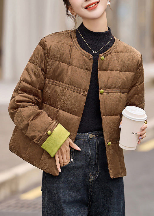 Women Coffee Pockets Patchwork Duck Down Down Short Coat Winter