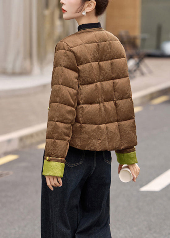 Women Coffee Pockets Patchwork Duck Down Down Short Coat Winter