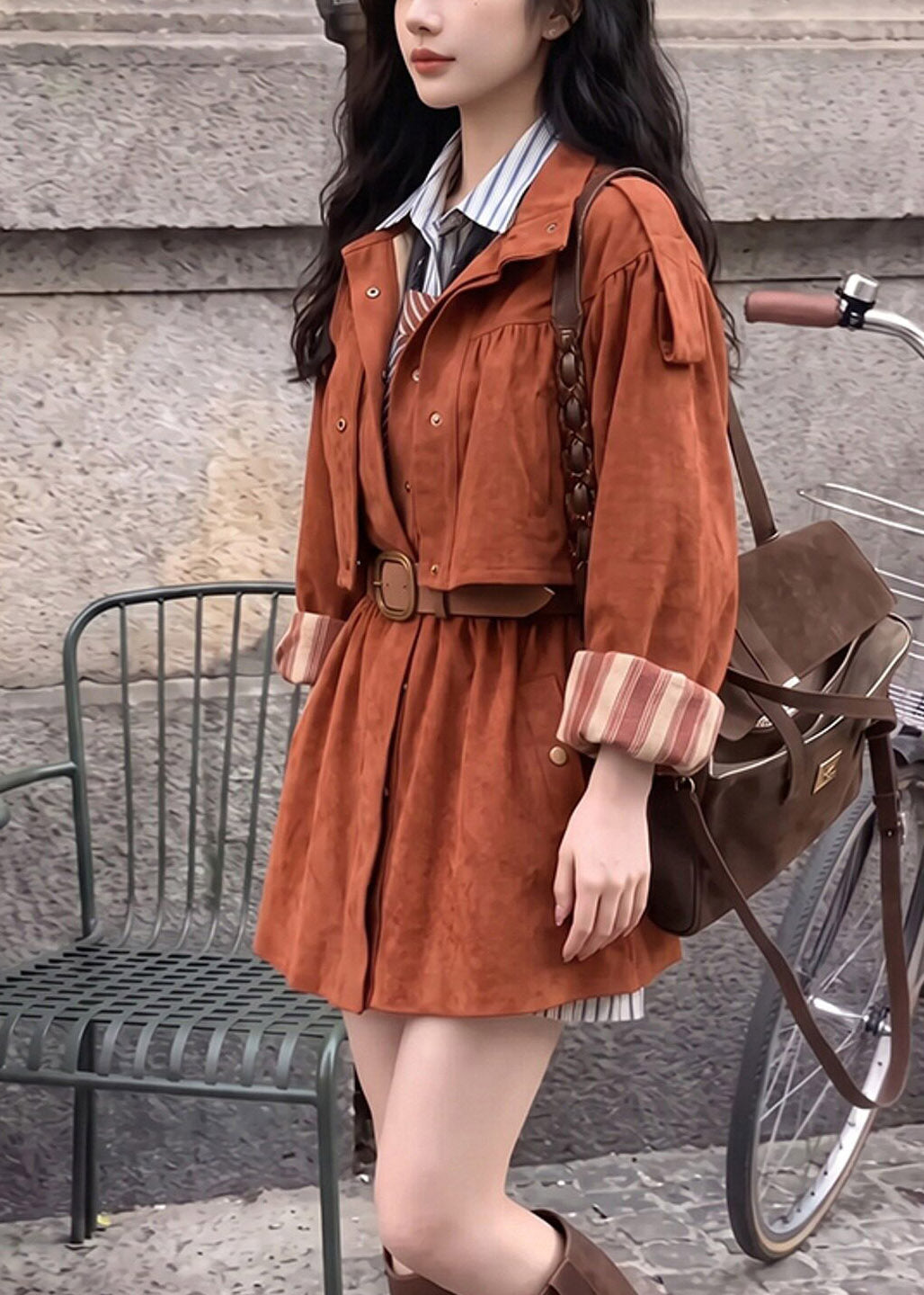 Women Coffee Pockets Patchwork Sashe Faux Suede Trench Coats Long Sleeve