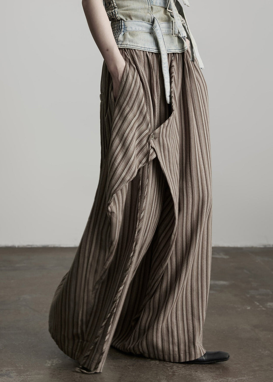 Women Coffee Pockets Striped False Two Pieces Cotton Pants Fall