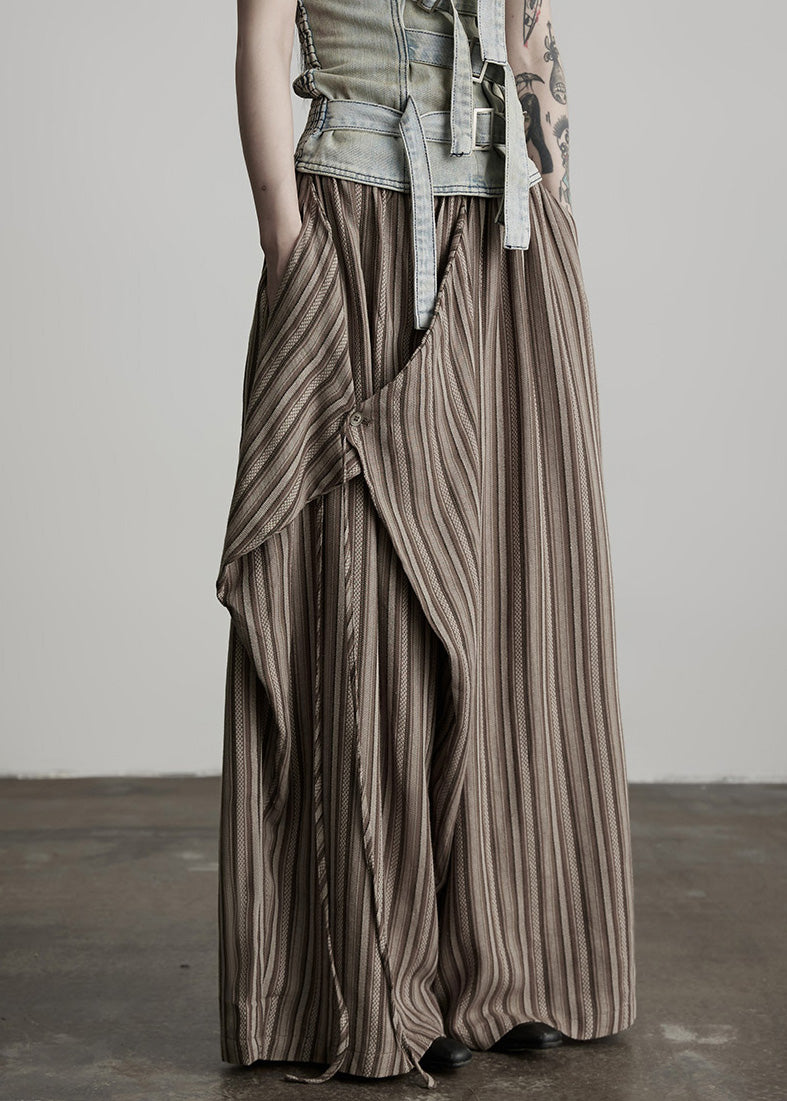 Women Coffee Pockets Striped False Two Pieces Cotton Pants Fall