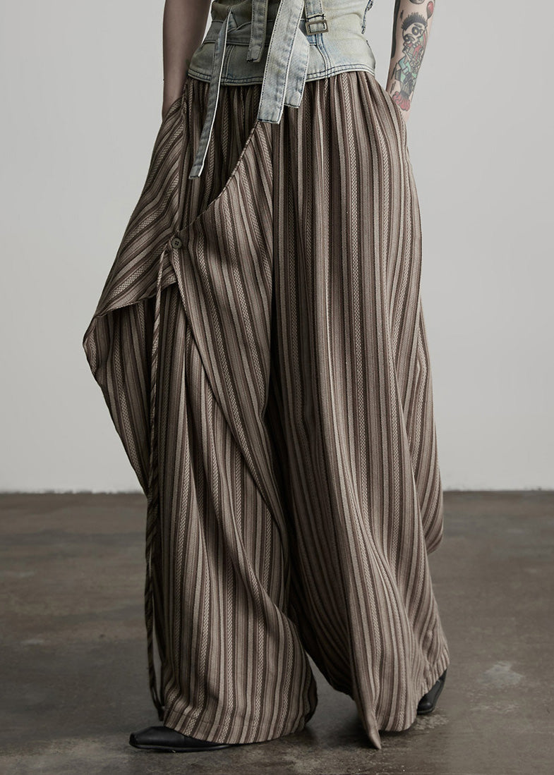 Women Coffee Pockets Striped False Two Pieces Cotton Pants Fall