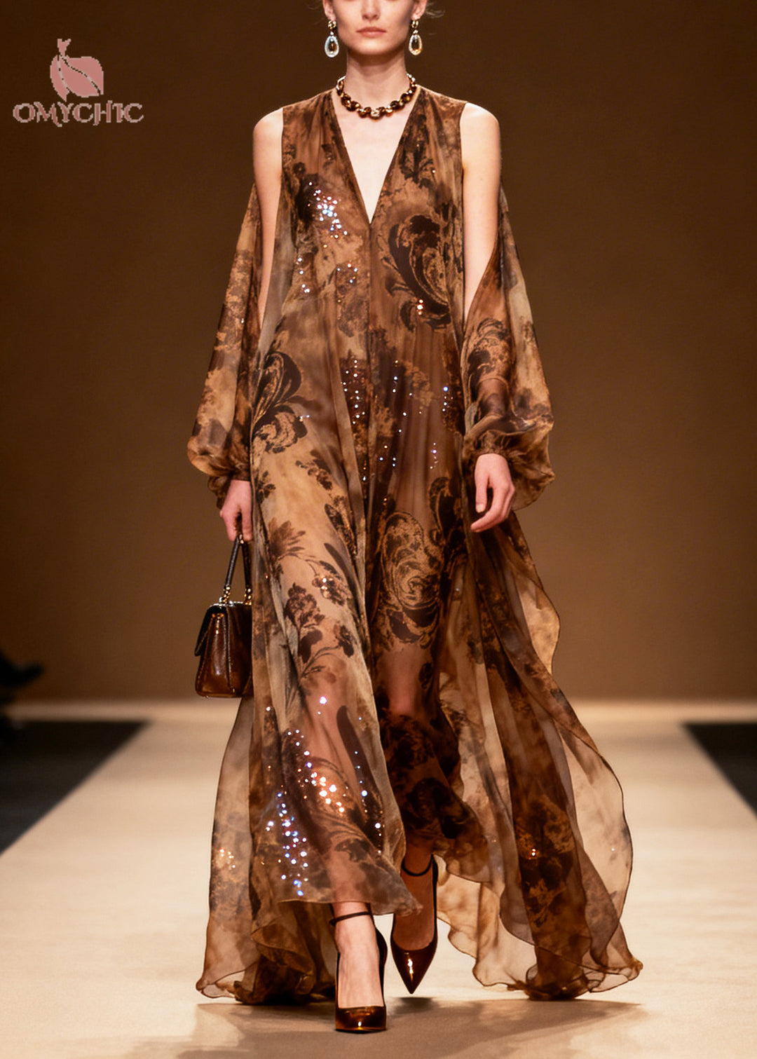 Women Coffee Print Sparkly Silk Vestidos Dresses Summer