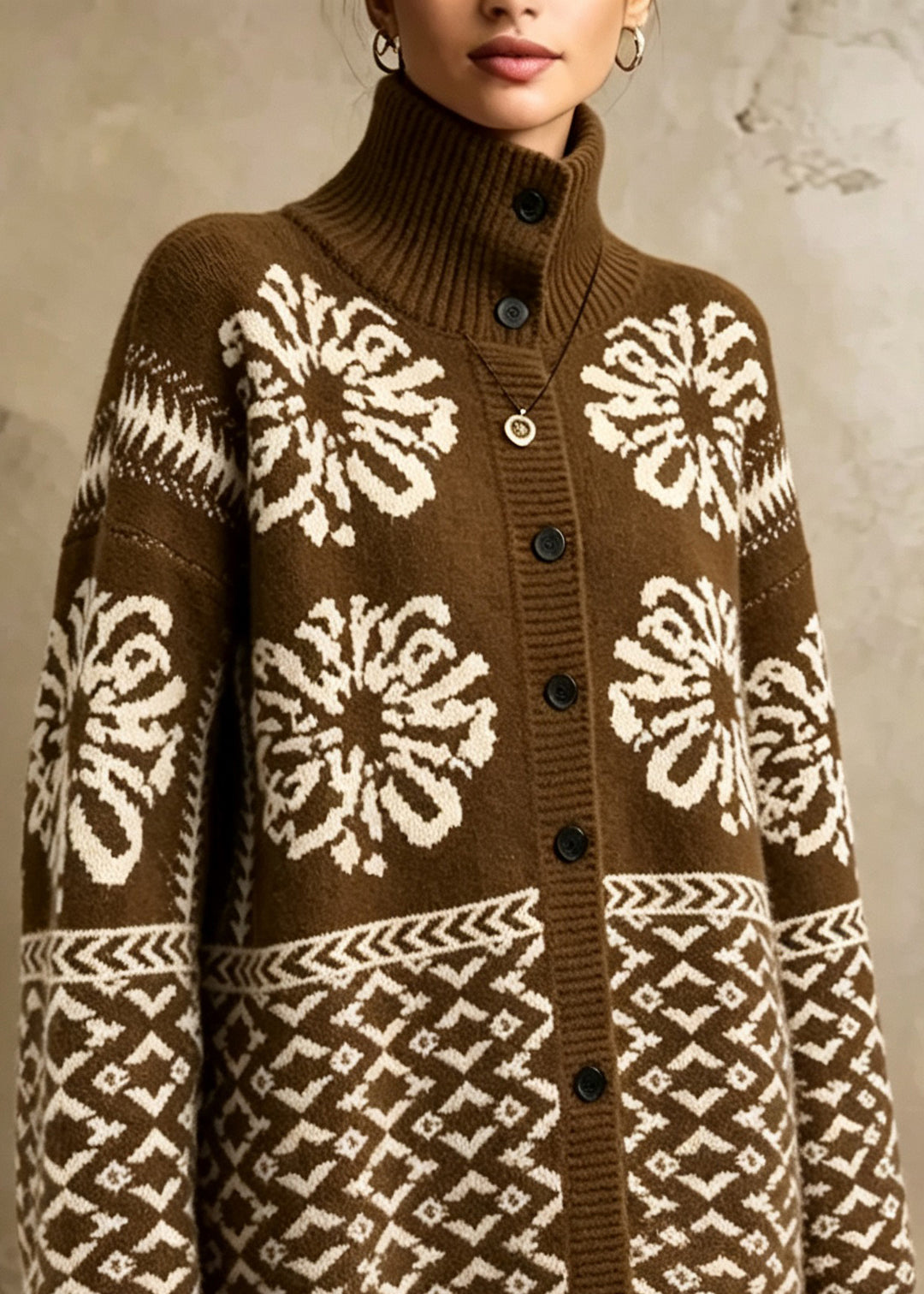 Women Coffee Stand Collar Print Button Knit Cardigan Fall