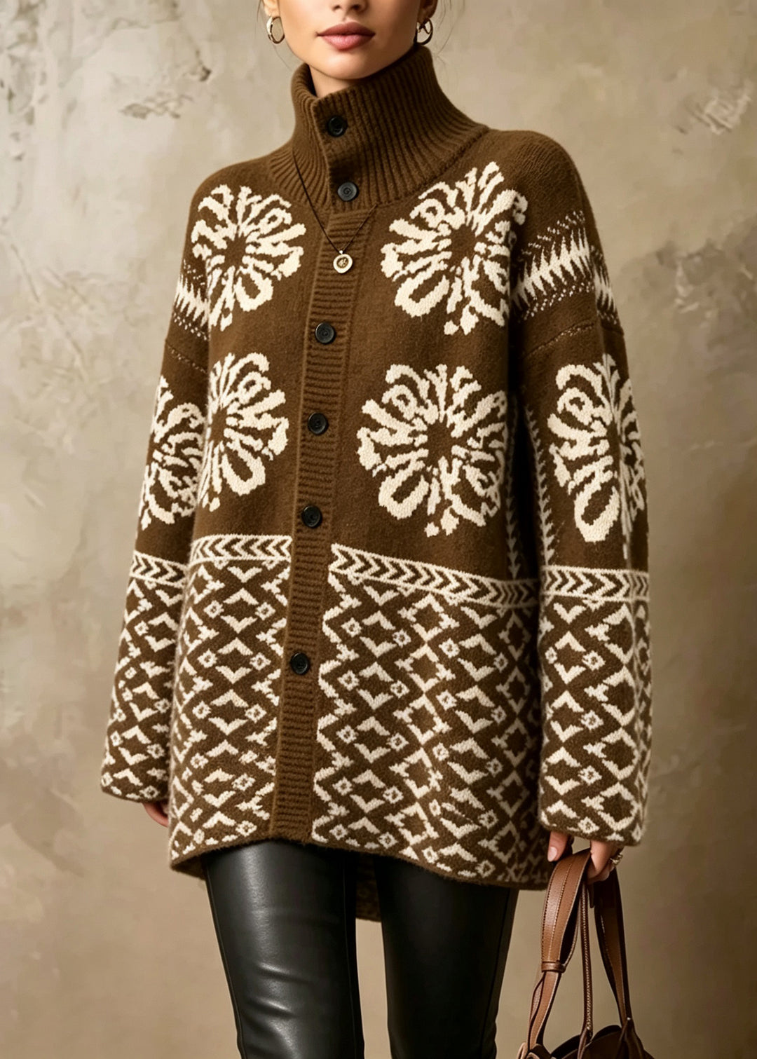 Women Coffee Stand Collar Print Button Knit Cardigan Fall