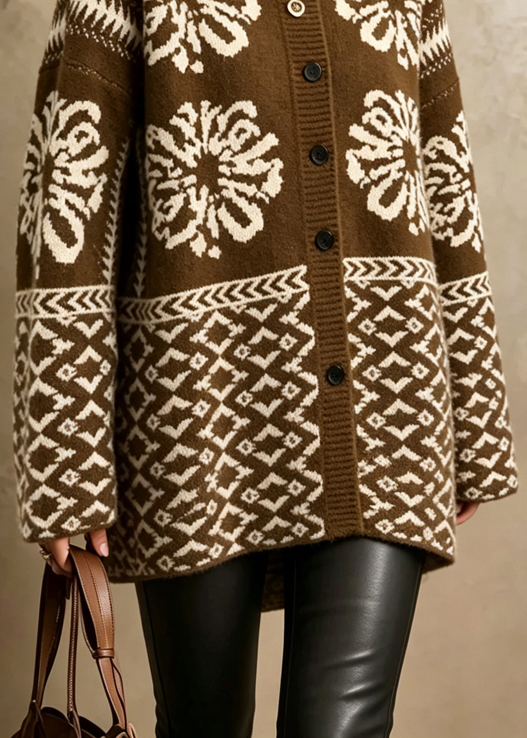 Women Coffee Stand Collar Print Button Knit Cardigan Fall