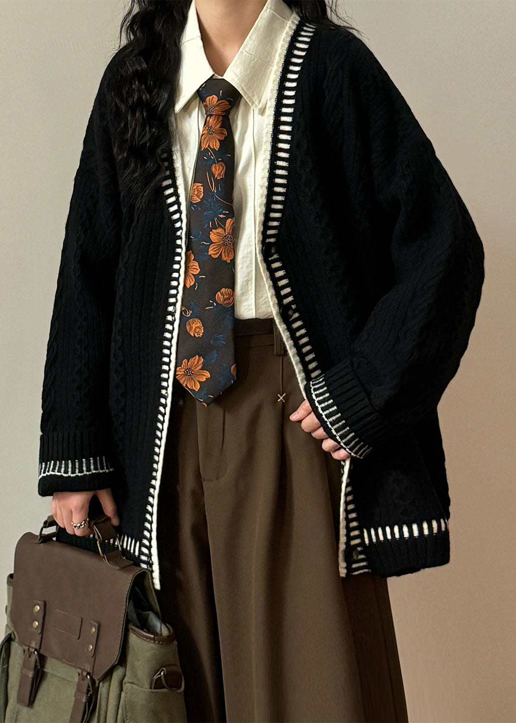 Women Coffee V Neck Button Cozy Cable Knit Coats Spring