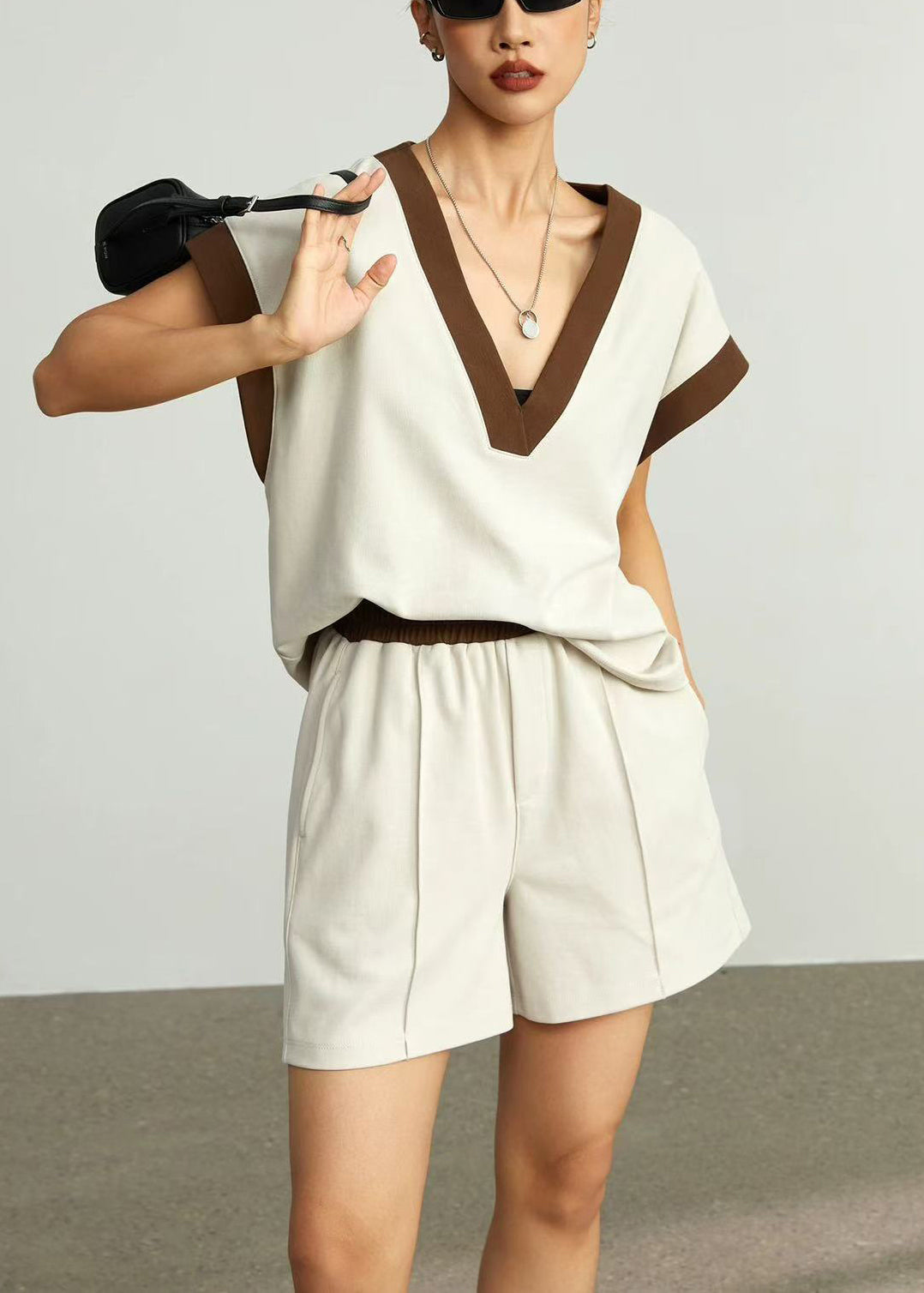 Women Coffee V Neck Elastic Waist Cotton Two Pieces Set Summer