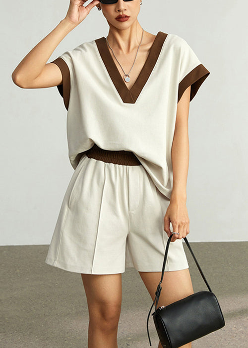 Women Coffee V Neck Elastic Waist Cotton Two Pieces Set Summer
