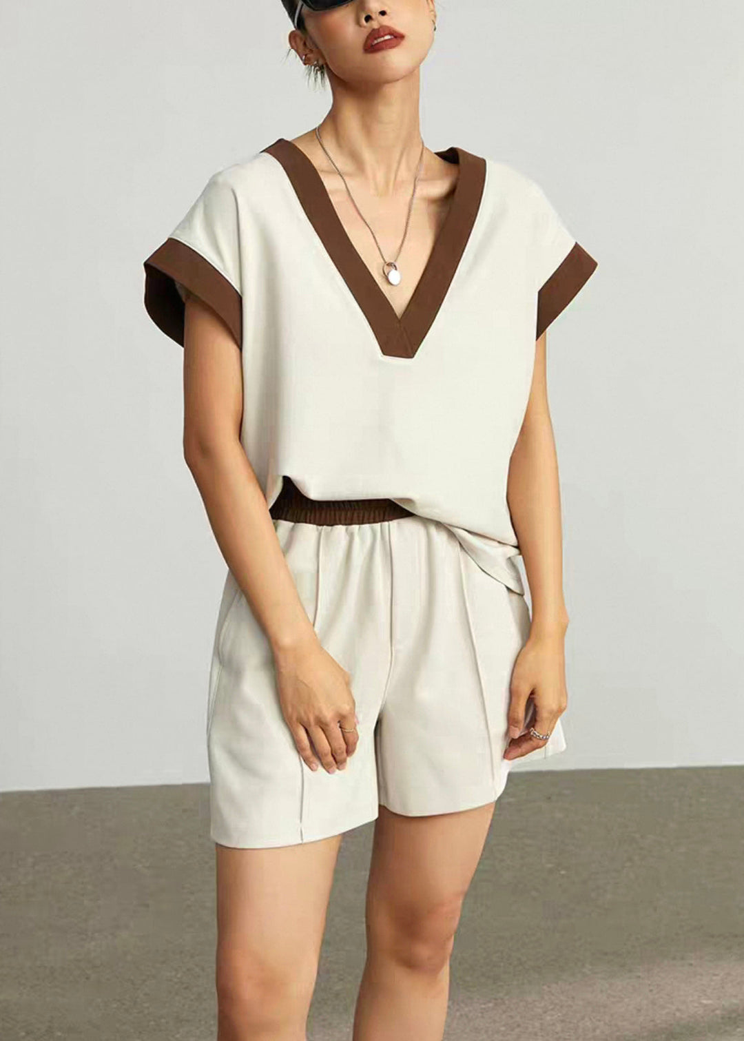 Women Coffee V Neck Elastic Waist Cotton Two Pieces Set Summer