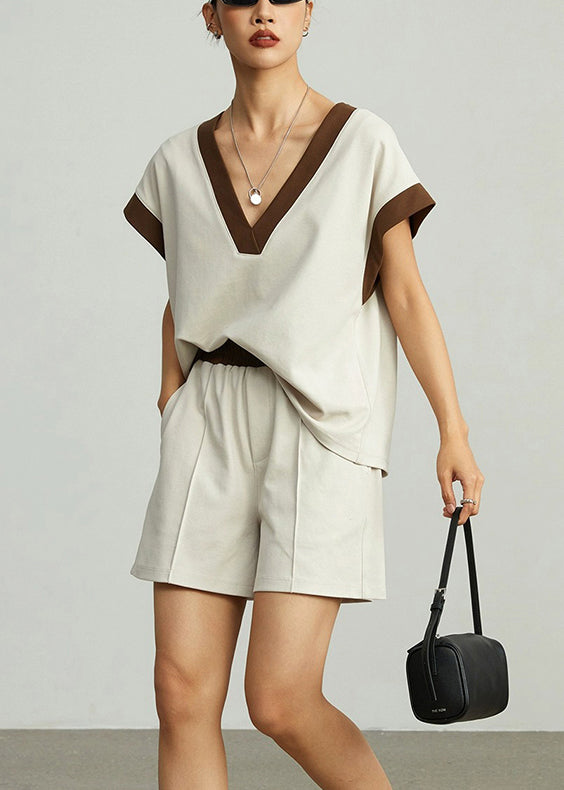 Women Coffee V Neck Elastic Waist Cotton Two Pieces Set Summer