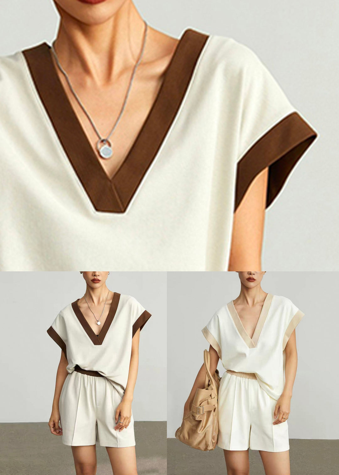 Women Coffee V Neck Elastic Waist Cotton Two Pieces Set Summer