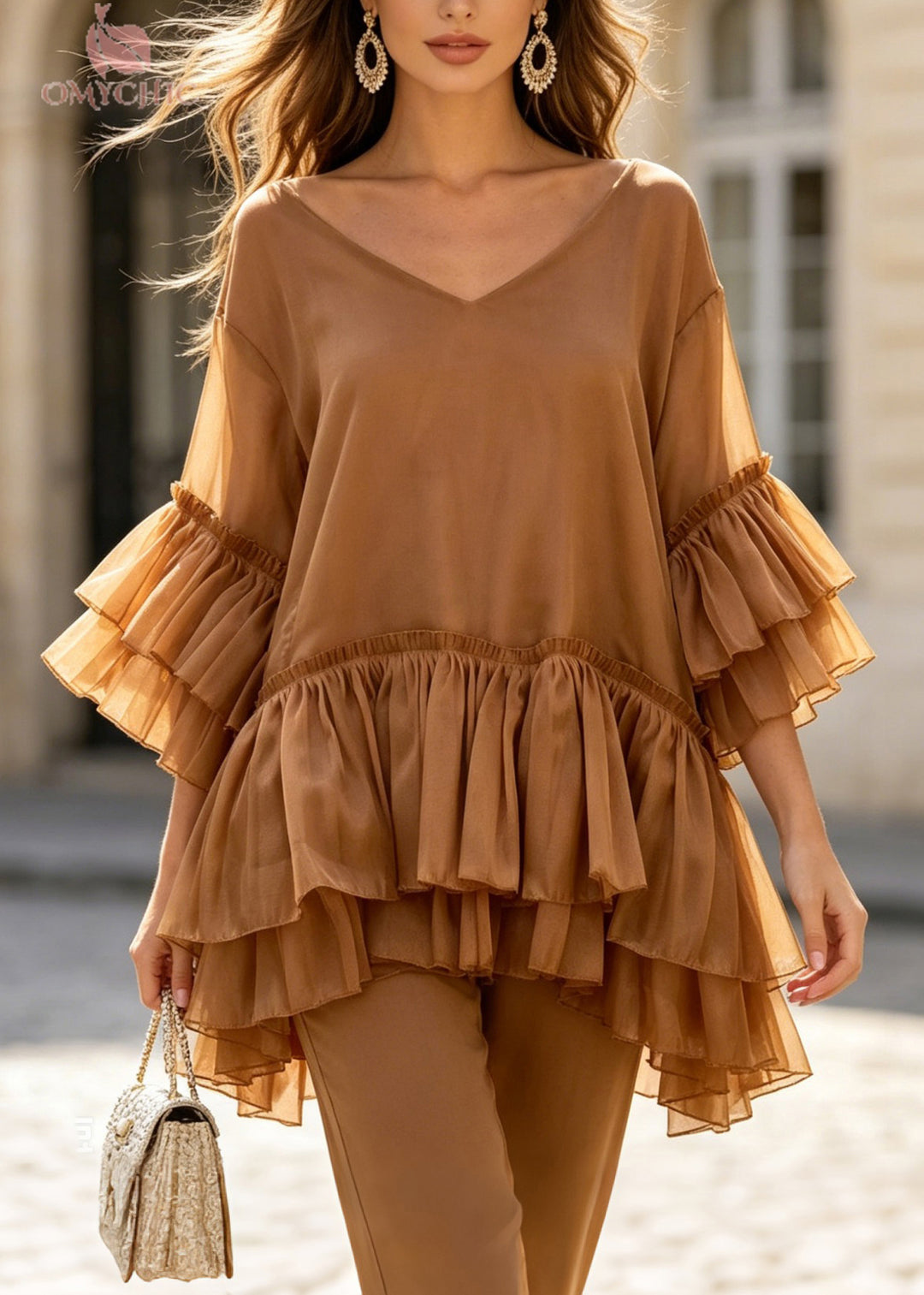 Women Coffee V Neck Layered Ruffled Patchwork Silk Top Summer